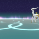 A Pokémon trainer is seen facing Arceus in a dark, ethereal space under the night sky.